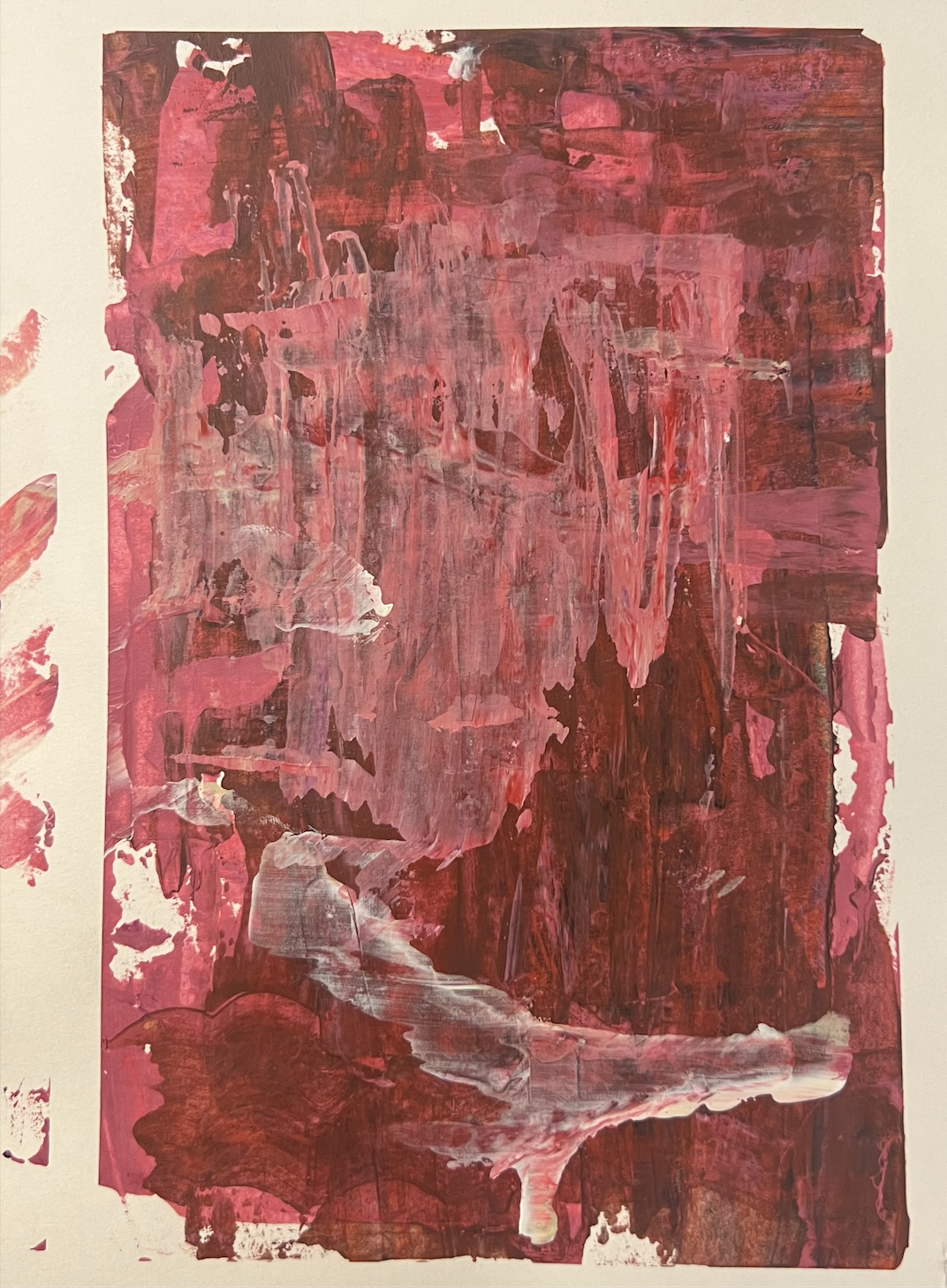 Abstract painting with various shades of pink and red, featuring layered brushstrokes and textured patterns.