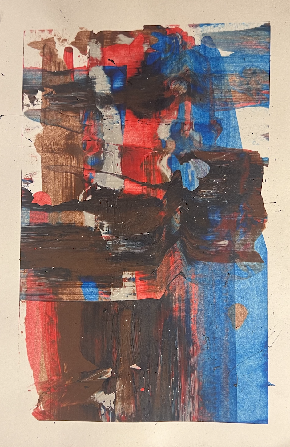 Abstract expressionist painting with bold strokes of red, blue, black, white, and brown on a beige background.