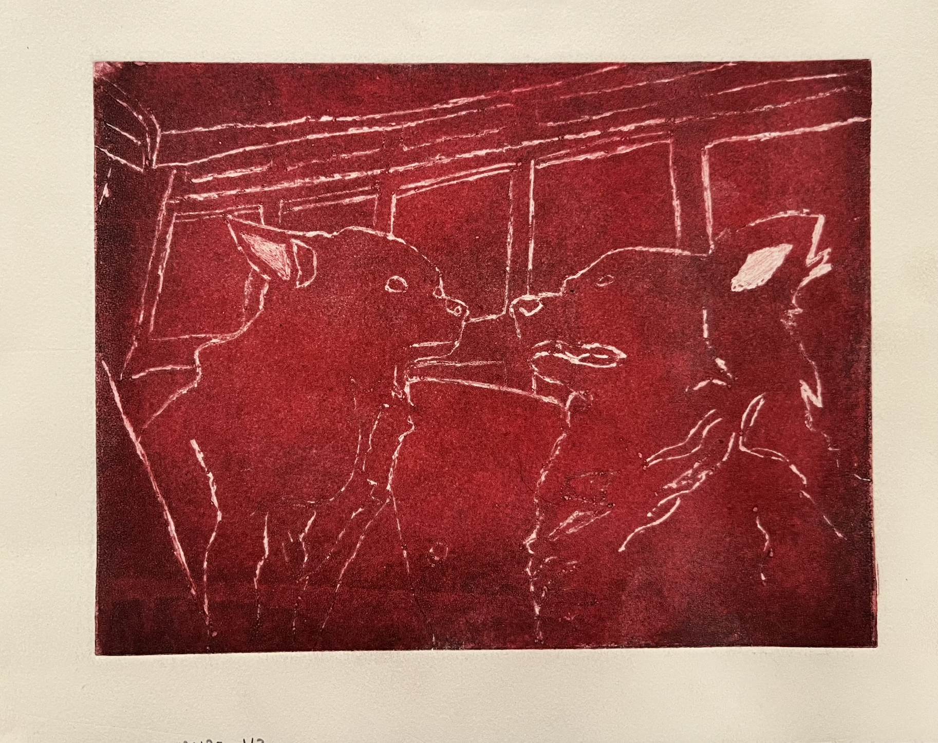 Line drawing of two dogs facing each other.