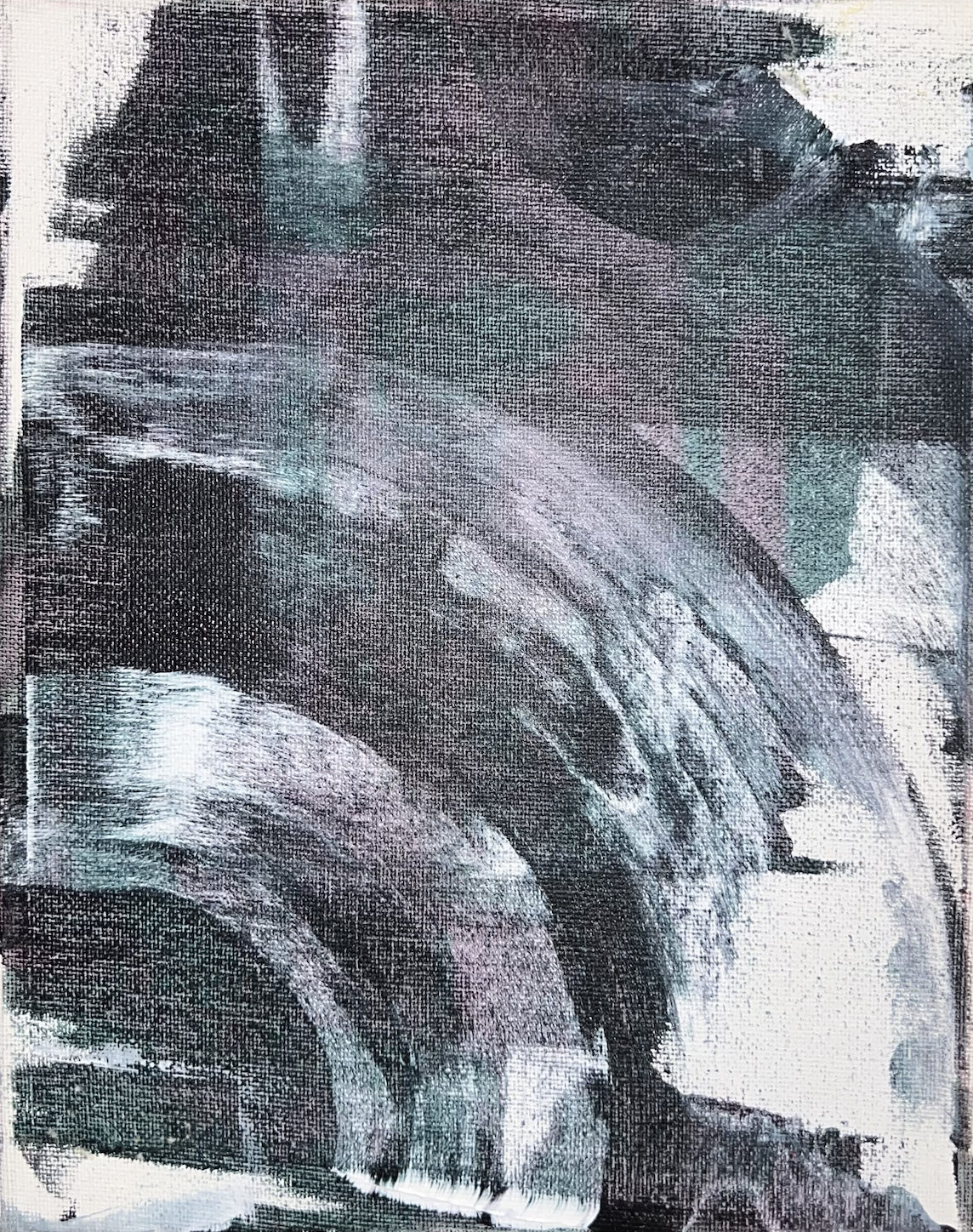 Close-up of an abstract acrylic painting with black, white, and muted teal brushstrokes on canvas.