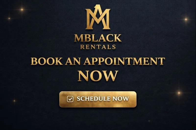 Advertisement for MBlack Rentals with a logo and call to action to book an appointment now.