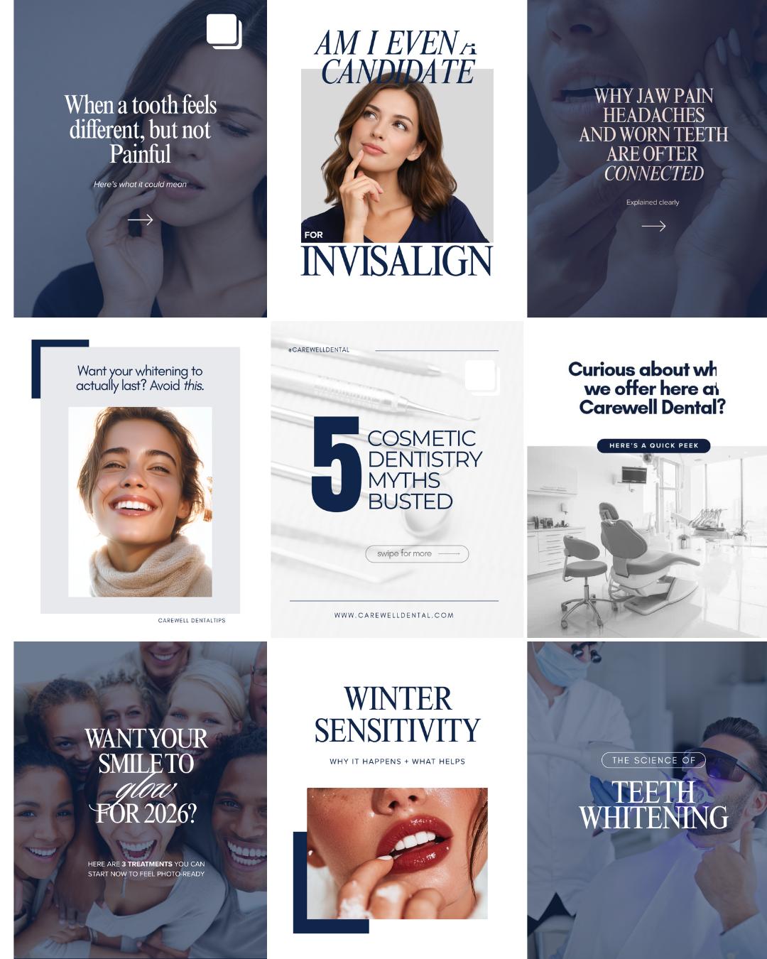 A collage of dental health and cosmetic dentistry advertisements, featuring images of smiling women, dental clinics, and dental procedures, with texts about Invisalign, whitening, teeth sensitivity, and myths about cosmetic dentistry.