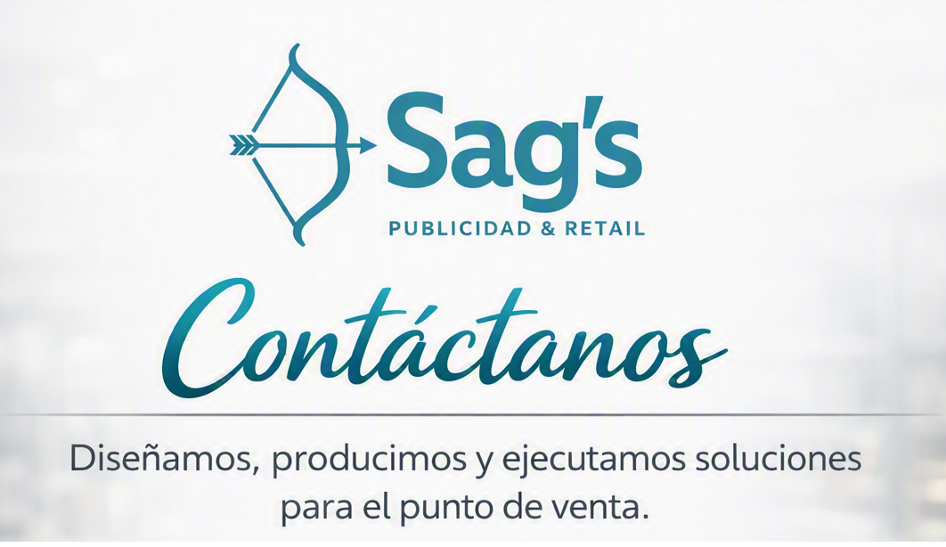 Publicidad de la empresa Sag's de publicidad y retail, con un símbolo de arco y flecha, y un mensaje de contacto para diseñar, producir y ejecutar soluciones para puntos de venta.