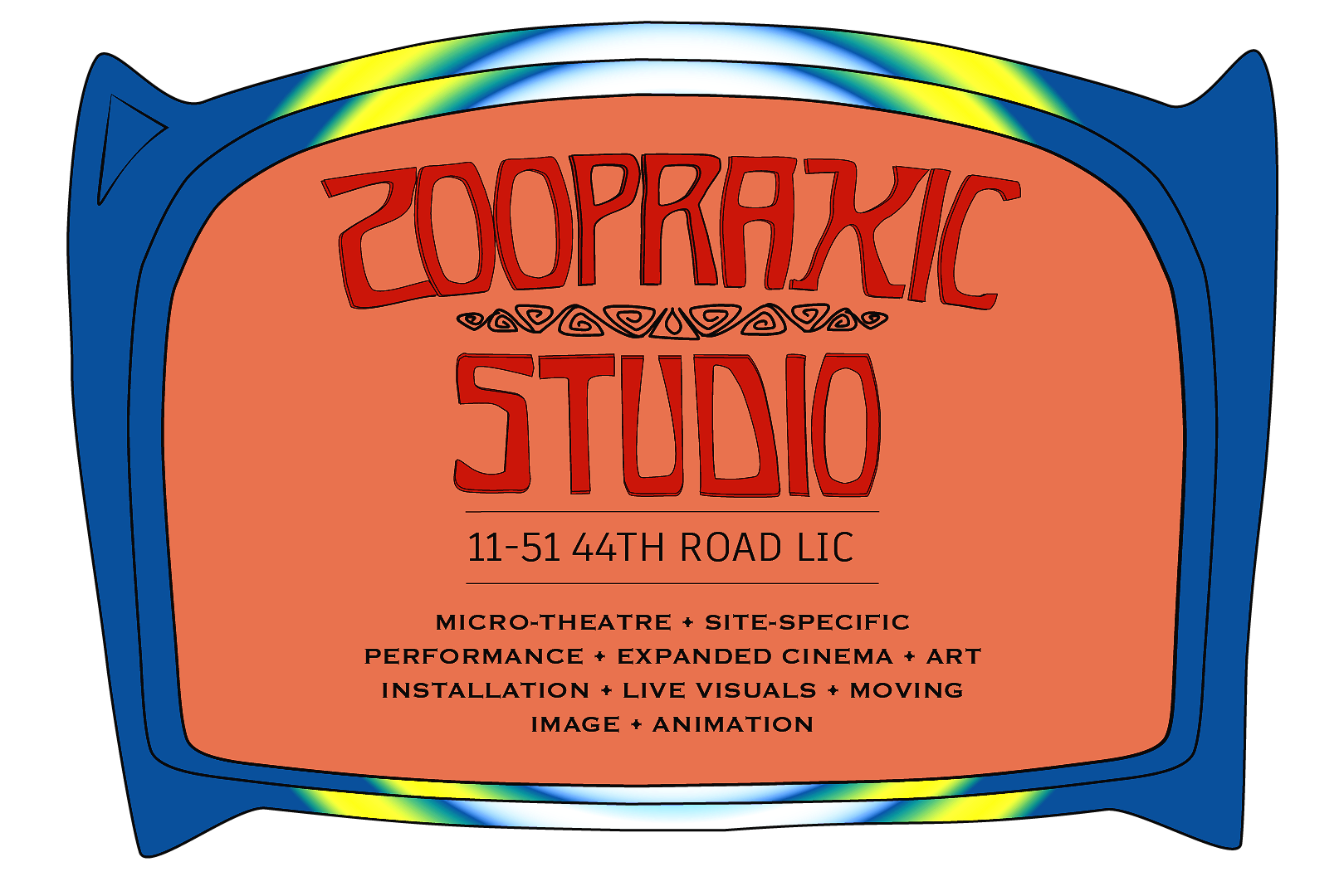 Colorful graphic design promoting Zopraxic Studio, located at 11-51 44th Road LIC. Features text describing micro-theatre, site-specific performances, expanded cinema, art installation, live visuals, moving images, and animation, with a vibrant blue, yellow, and rainbow border.