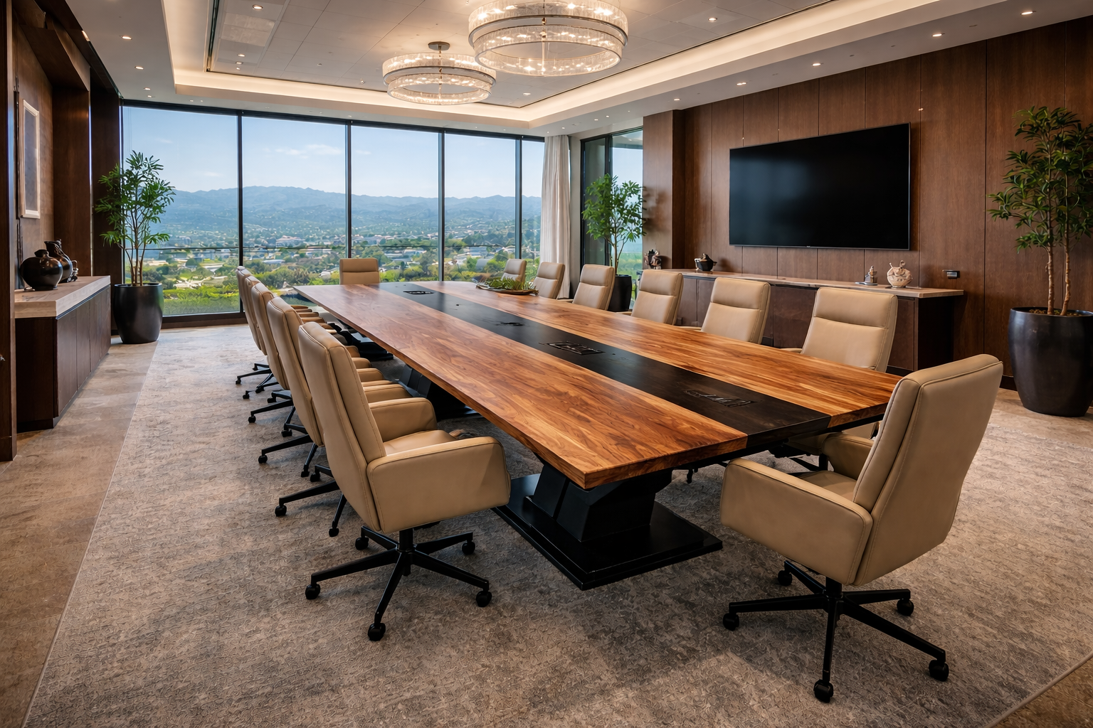 large split base conference table overlooking silicon valley