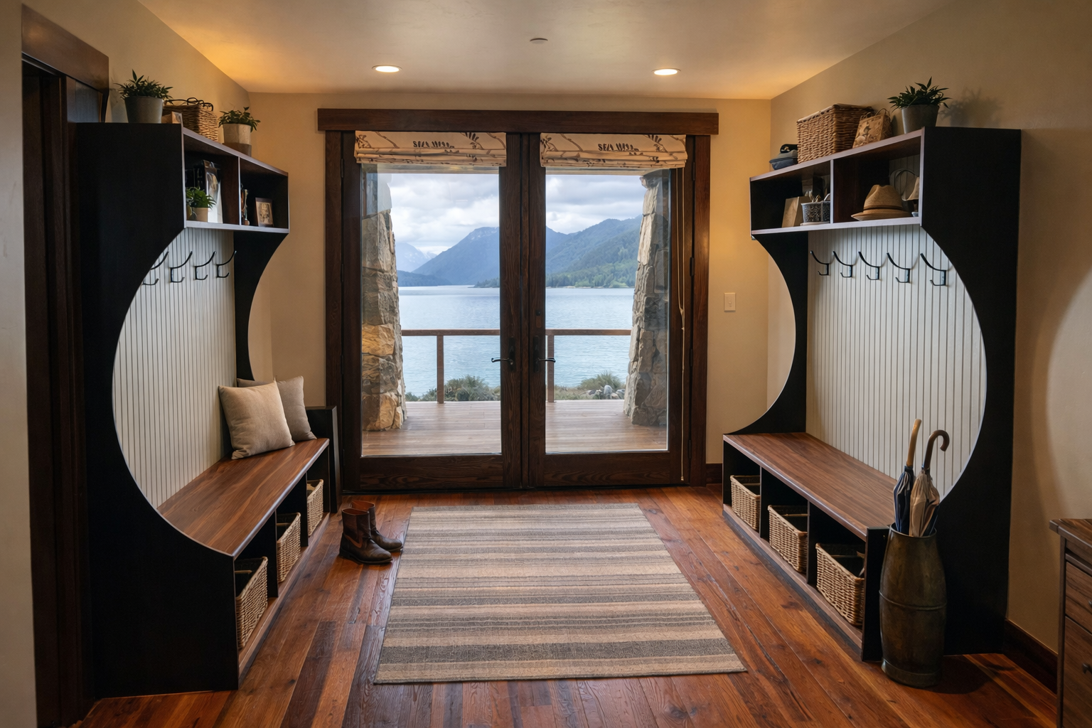 a gorgeous mudroom entryway in British Columbia with two matching bench storage units overlooking the howe sound