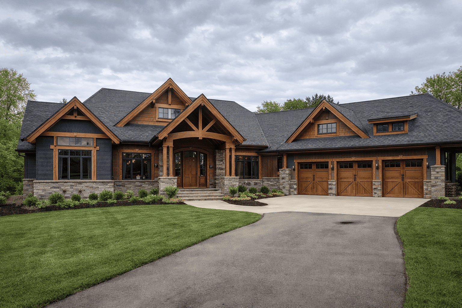 Front view of a large modern house with a stone and wood exterior, manicured front lawn, and a driveway leading to a three-car garage.