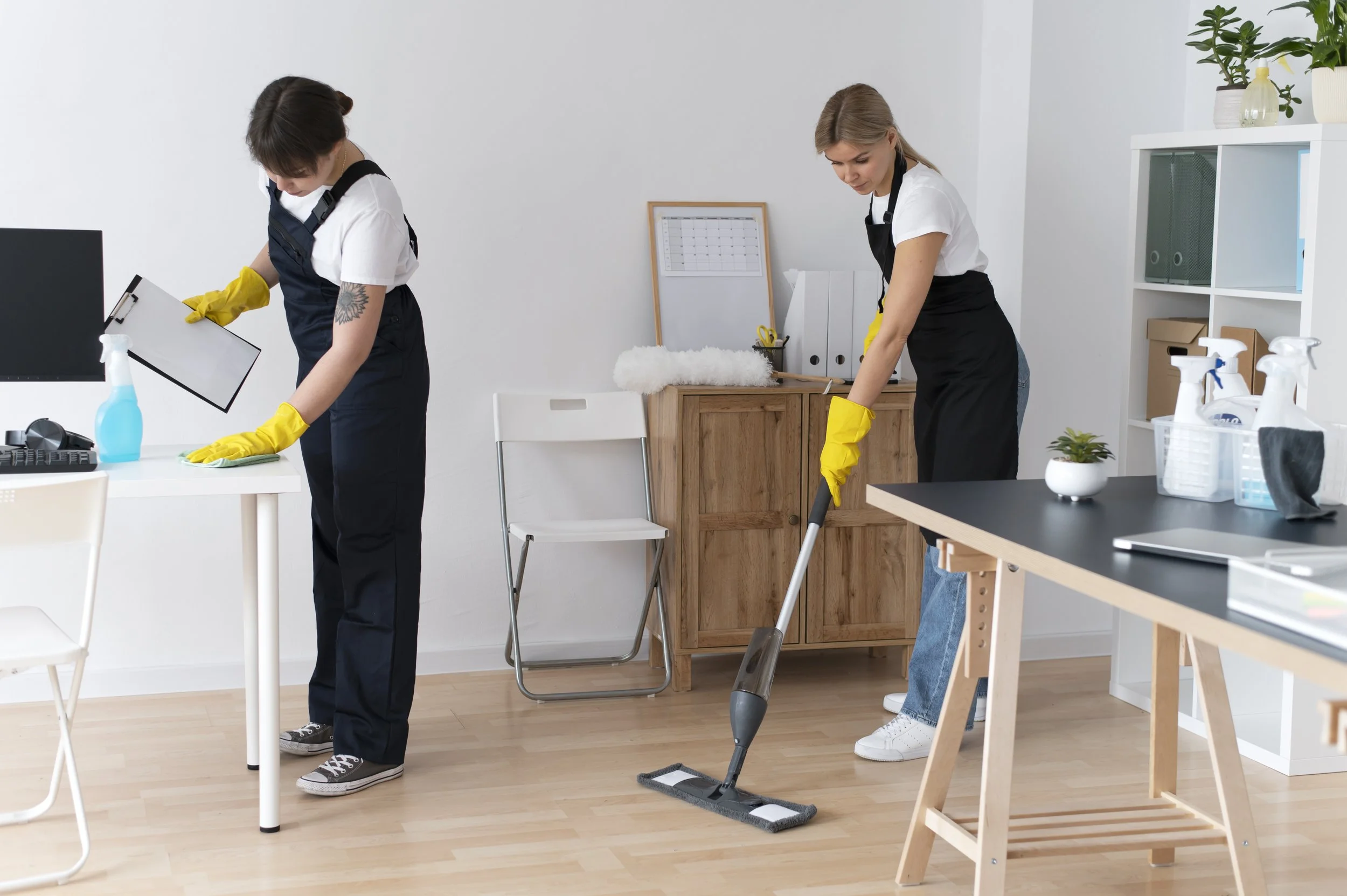Two women cleaning an office space, one mopping the floor and the other wiping a surface, both wearing black aprons and yellow gloves.