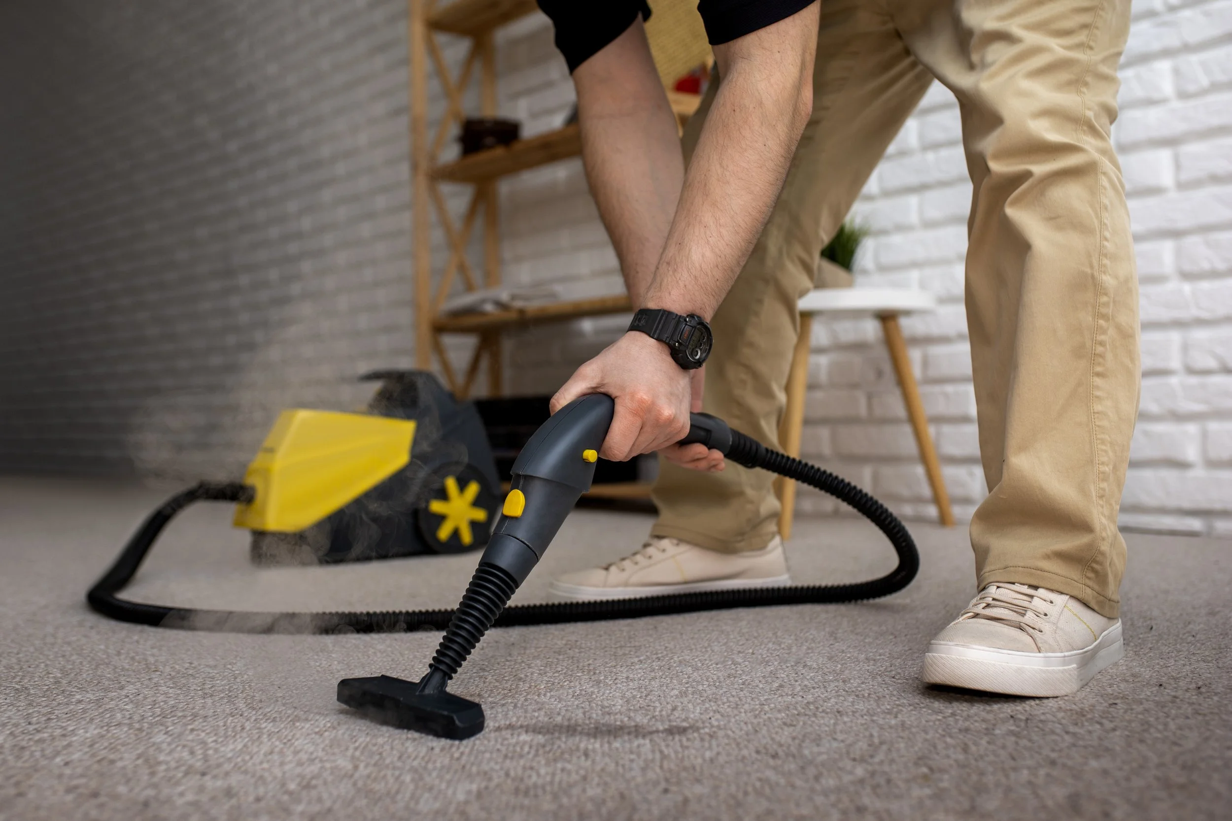 A person using a steam cleaner on a carpet in a room with white brick wall and wooden shelves in the background.