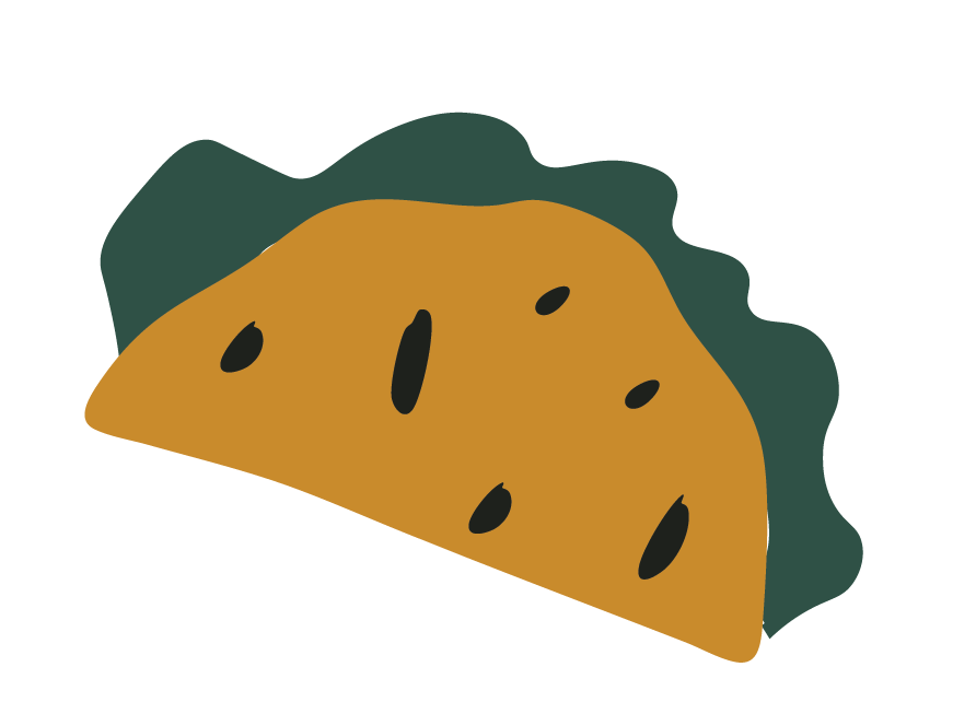 Digital illustration of a taco with beef, lettuce, and black beans.