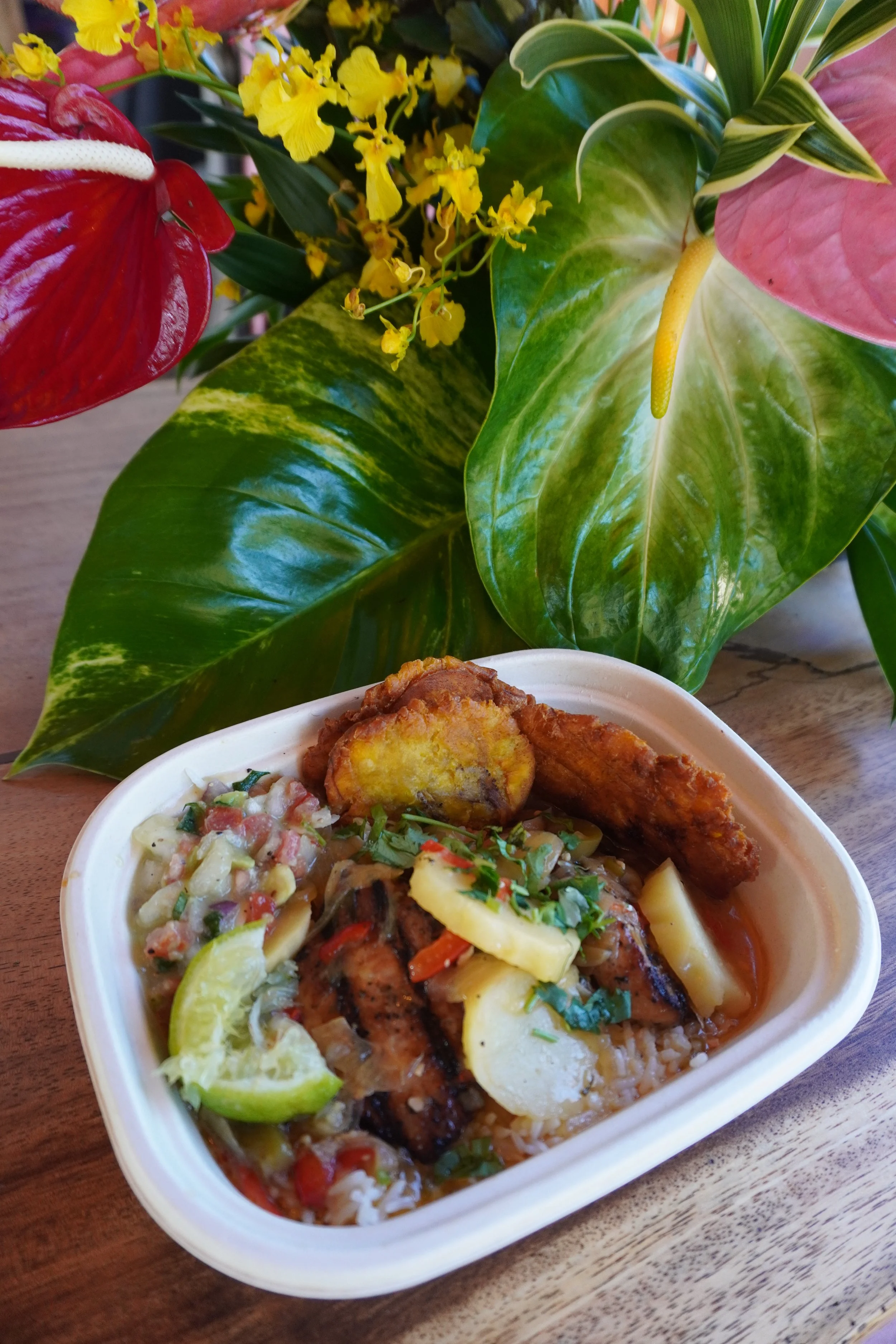 A bowl of homemade mixed meal with rice, grilled meats, vegetables, and fried plantains, placed on a wooden table next to green and yellow leafy houseplants.