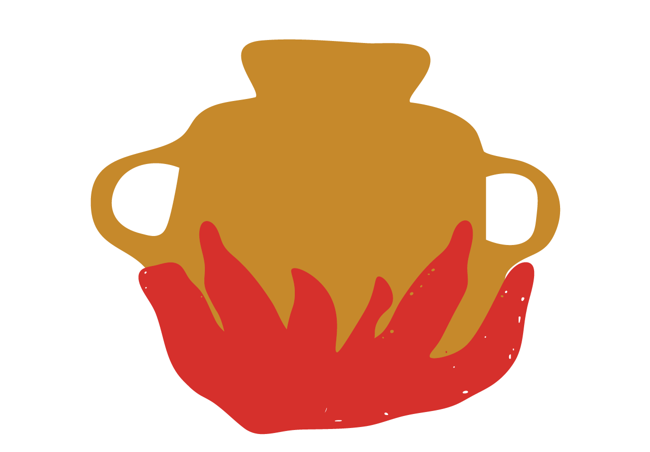 Illustration of a hand in red holding a golden urn or vase with two handles.