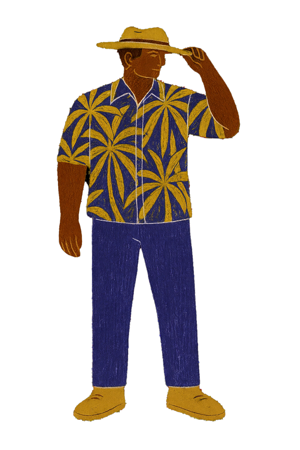 Illustration of a man wearing a wide-brimmed hat, a patterned shirt with yellow and blue floral design, blue pants, and tan shoes, holding the hat with one hand.