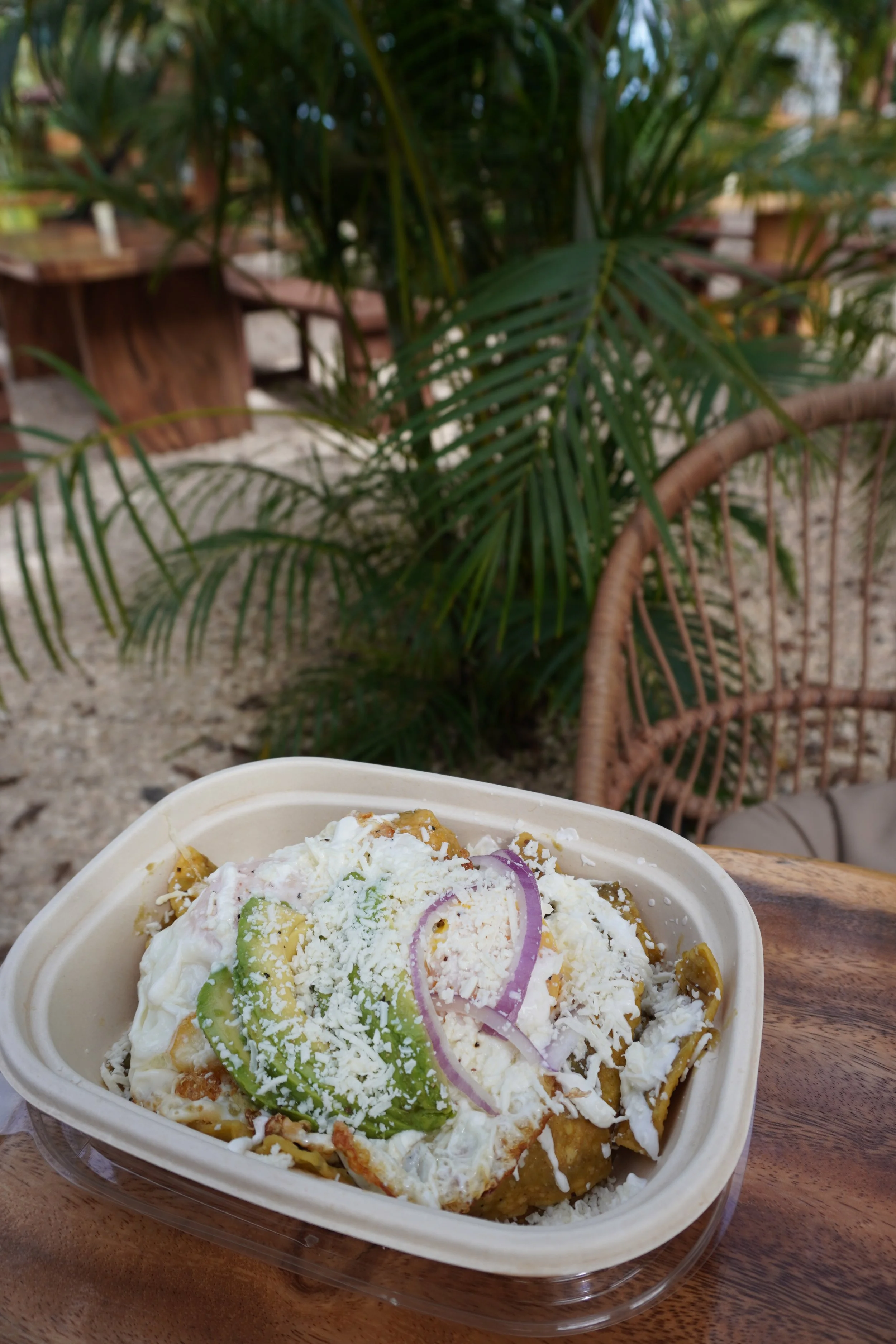 A bowl of Mexican seafood ceviche topped with grated cheese, red onion slices, and avocado, placed on a wooden table outdoors with green plants and outdoor seating in the background.