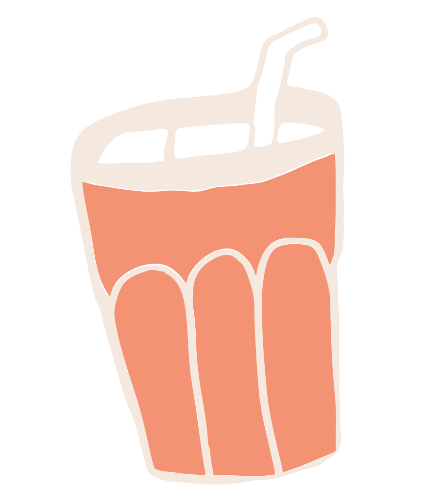 Illustration of a glass of orange-colored beverage with a straw on a black background.