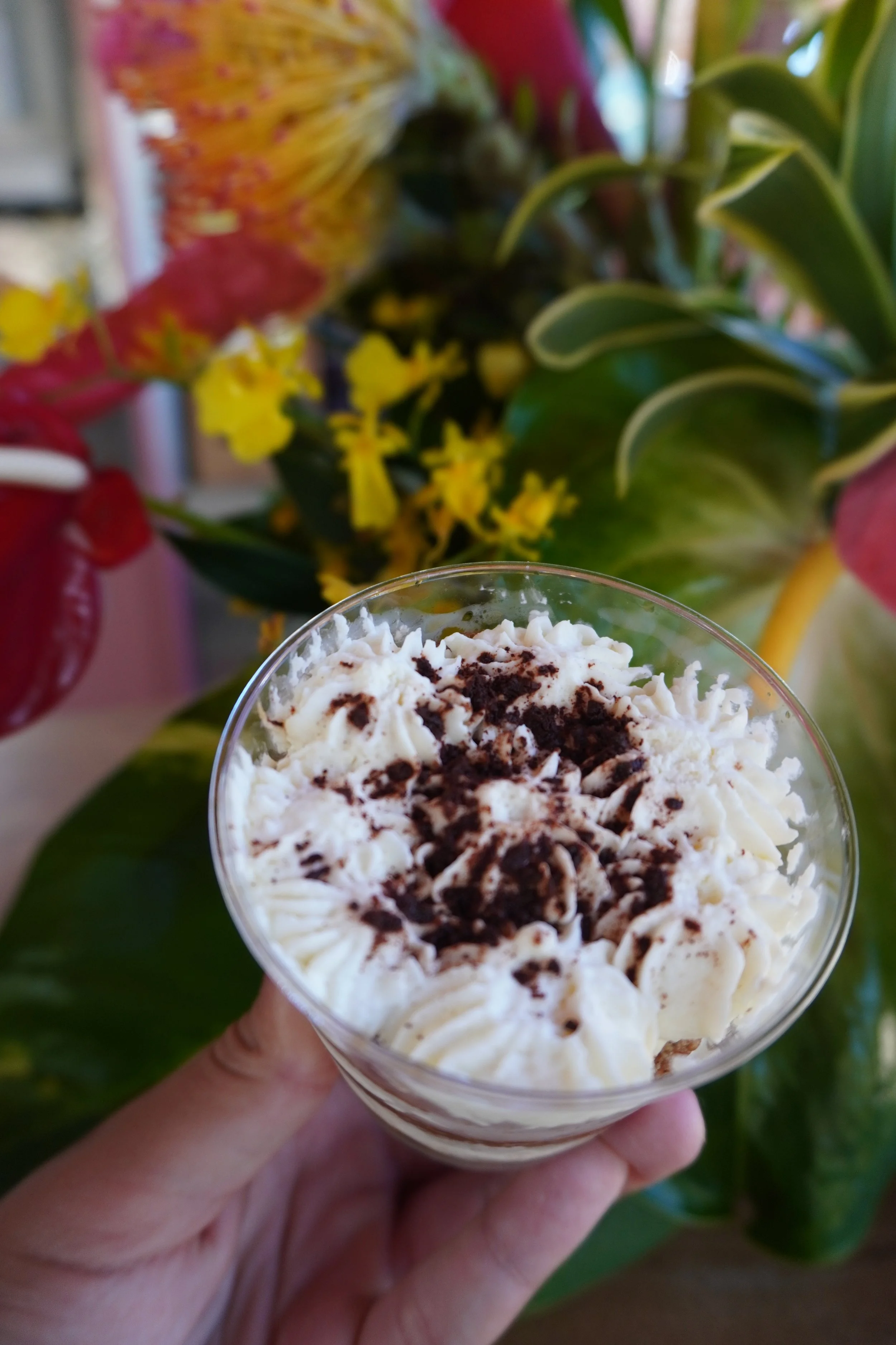 Dessert with whipped cream and chocolate shavings in a glass, held by a hand, with colorful flowers and green leaves in the background.