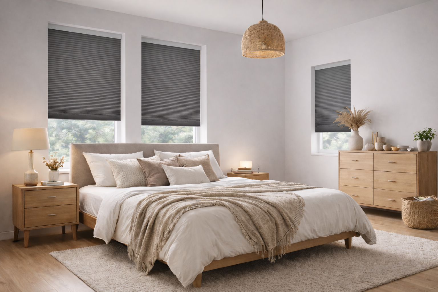 A bedroom with a large bed, beige bedding, and pillows, flanked by two wooden nightstands with lamps. There are three windows with gray blinds and a wooden dresser with decorative items, a basket, and a potted plant. The room has light-colored walls, hardwood floors, and minimal decor.