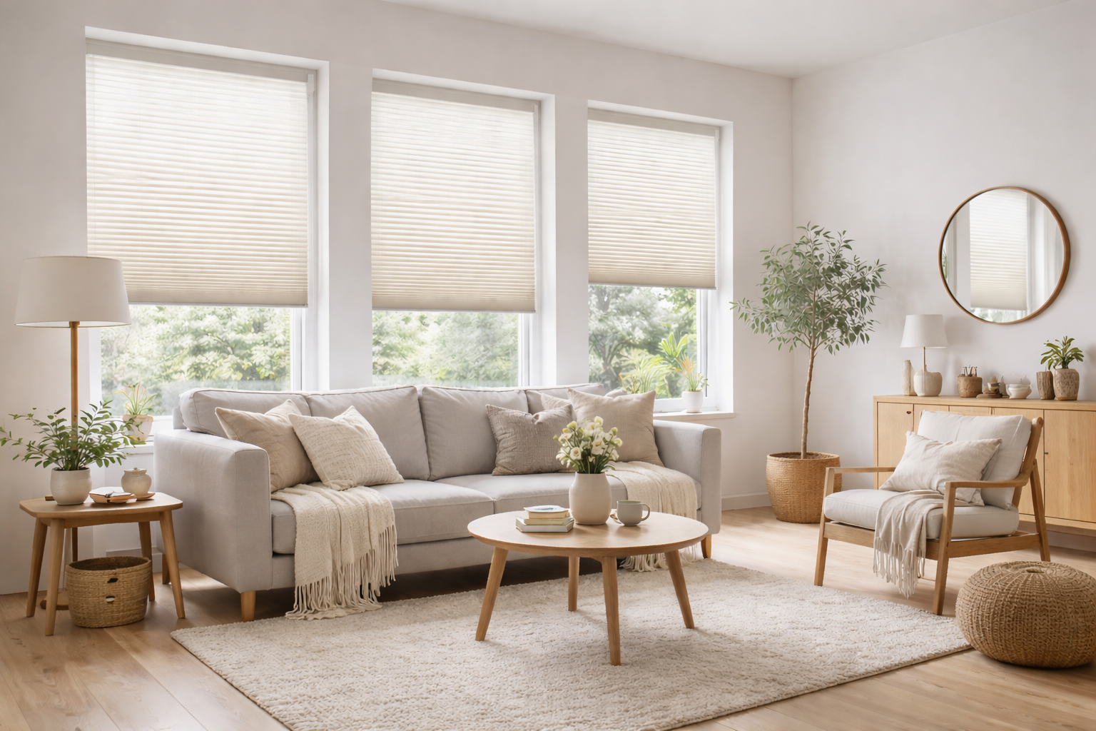 Bright living room with white sofa, wooden armchair, coffee table, and large potted plants. Multiple windows with beige blinds, and a white rug.