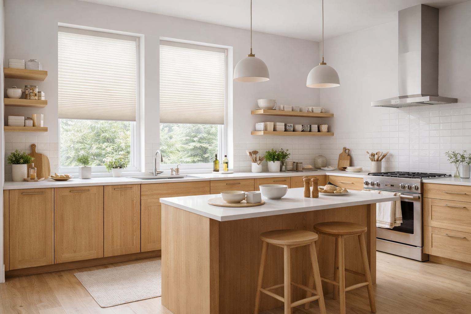 A modern kitchen with wooden cabinets, white countertops, two large windows with blinds, open shelving with dishes, and a kitchen island with bowls and stools.