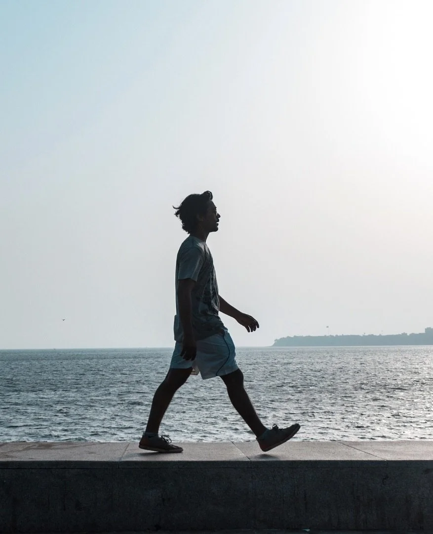 Silhouette of a man walking along a seaside promenade at sunset, with water and distant land in the background.