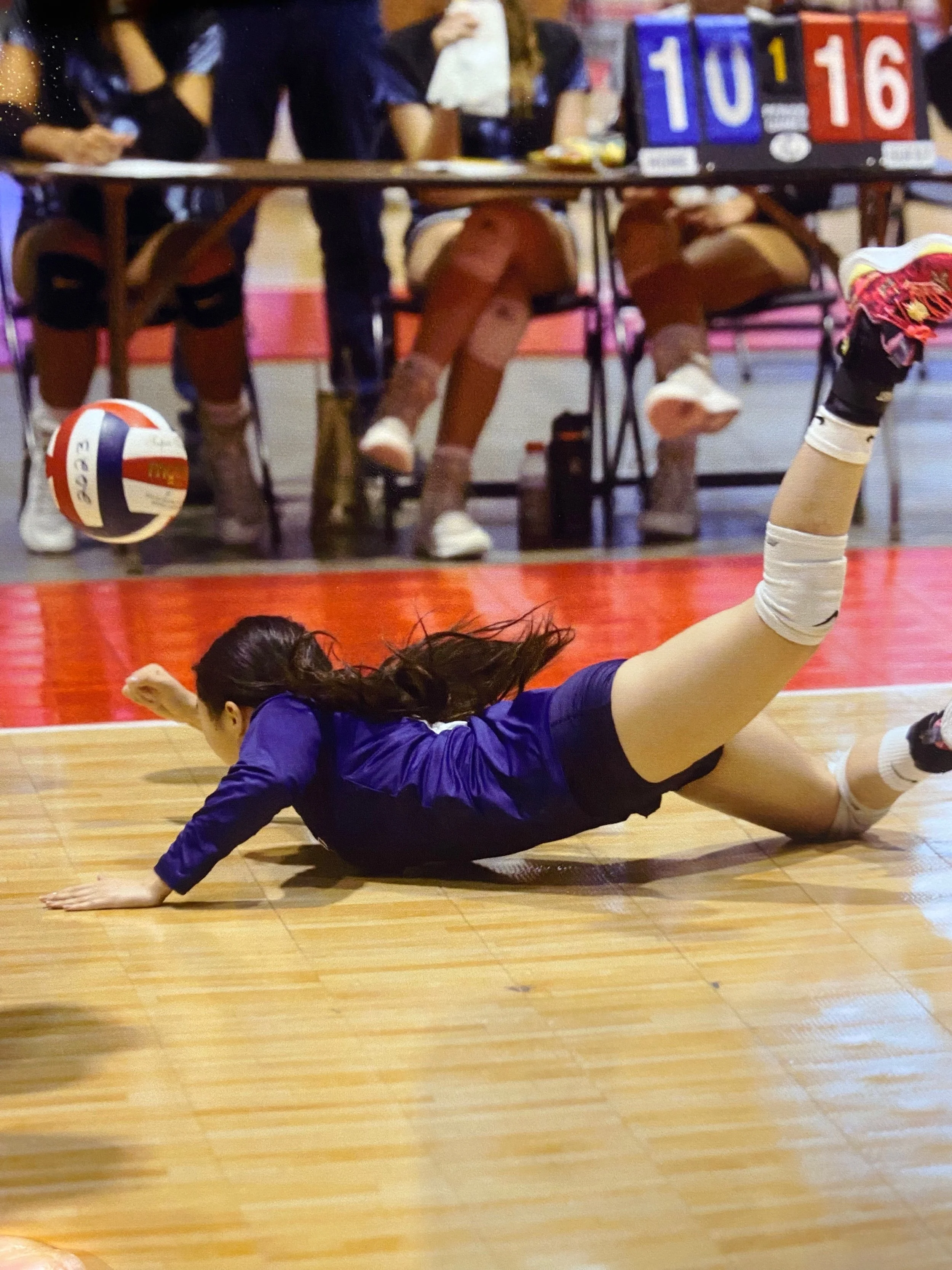 A female volleyball player with long dark hair falling forward on a wooden court, wearing a blue uniform and knee pads.