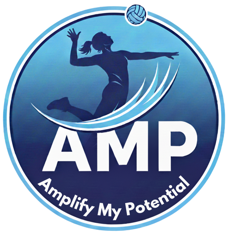 Logo with a silhouette of a girl jumping to hit a volleyball, with the phrase 'Amplify My Potential' below, and the letters 'AMP' in the center.