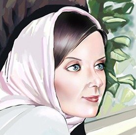 Illustration of a woman with a white headscarf, dark hair, and makeup, looking to the side with greenery in the background.