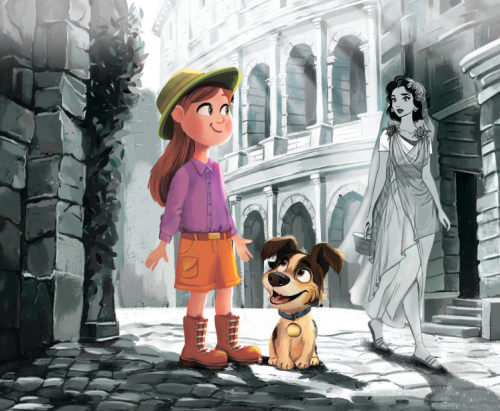 A girl with a hat, purple shirt, and orange shorts walking her dog in front of a gray, black-and-white ancient Roman theater.