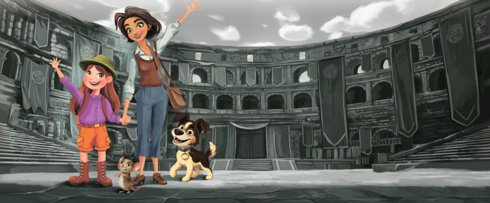 Animated scene of two girls, one young girl with a purple shirt and orange shorts and an older girl with a brown vest and blue jeans, standing with a dog, a cat, and a puppy inside a ruined, ancient coliseum with dark clouds overhead.