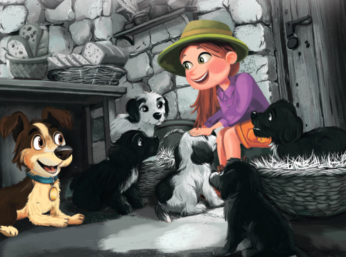 A girl in a green hat and purple dress sitting by a fireplace, surrounded by five puppies of different breeds in a cozy stone room.