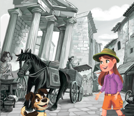A lively street scene with a girl in colorful clothing talking, a small dog, a horse-drawn cart, and a woman selling goods, set against an ancient stone building with columns.