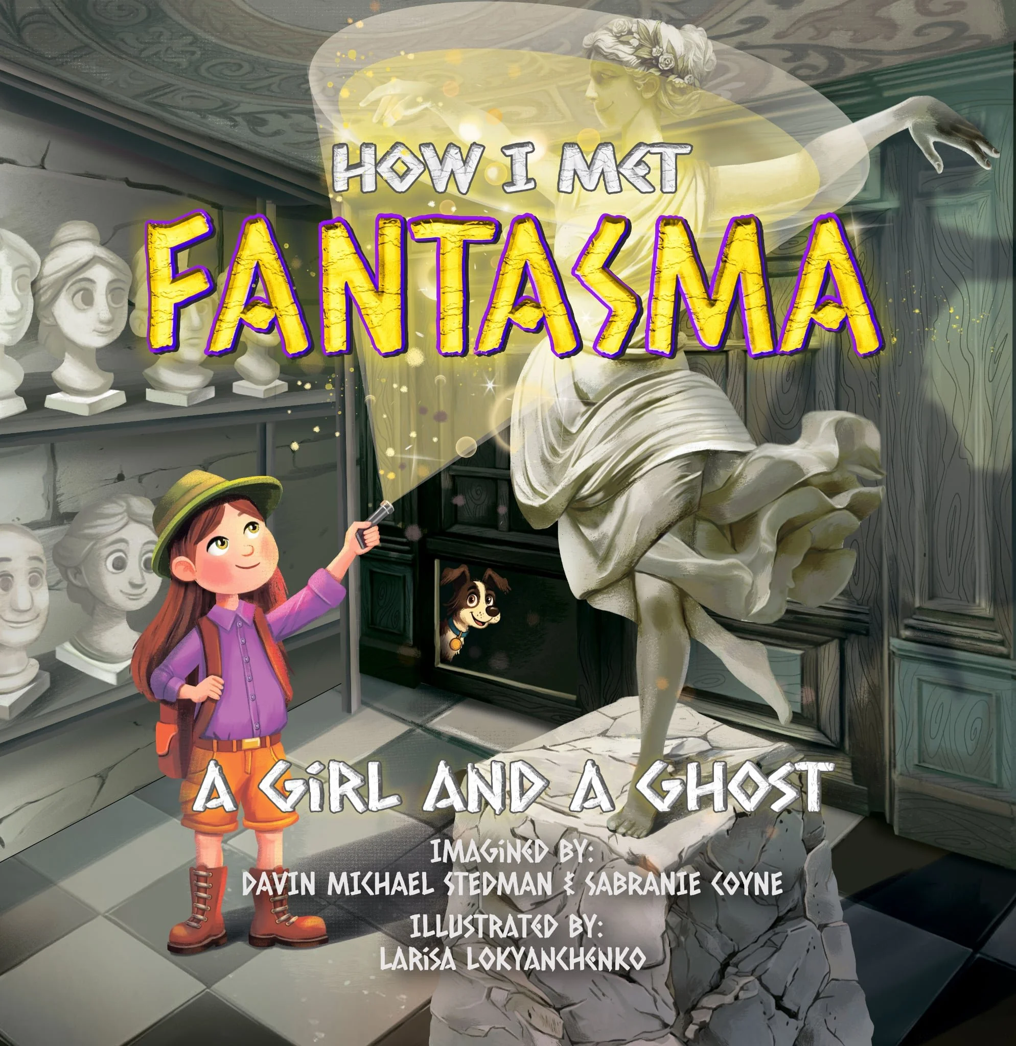 The cover of a book titled "How I Met Fantasy: A Girl and a Ghost" features a girl in purple shirt and orange shorts with a backpack, holding a smartphone, standing next to a sculpture of a girl. The background shows a display of busts and vases, with the book's credits overlaid.