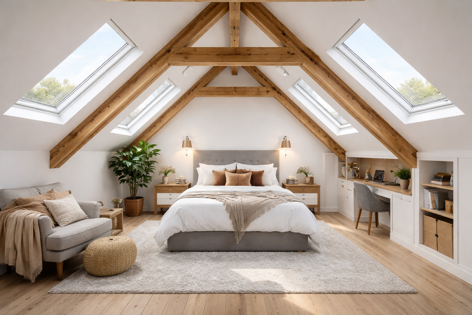A cozy loft bedroom with a bed in the center, flanked by two nightstands with lamps. Skylights in the sloped ceiling allow natural light, and there is a sitting area with a sofa, a pouf, and a built-in desk with a chair. The room features wooden beams, a light-colored rug, and indoor plants.