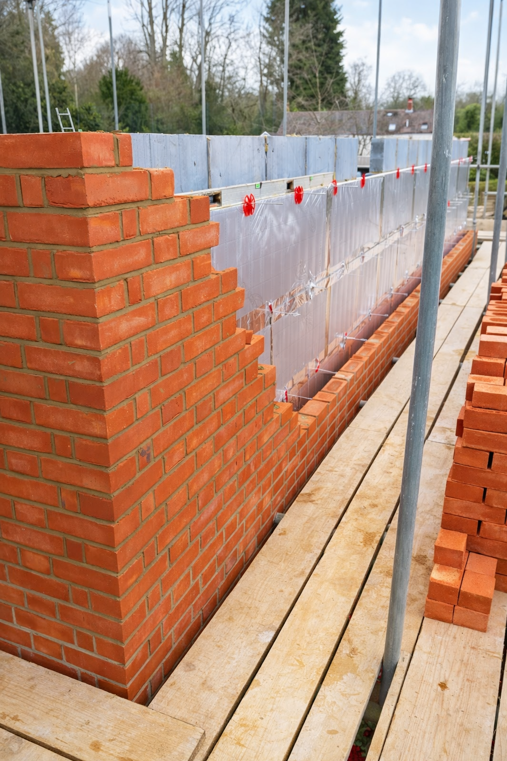 High-performance wall build-up designed to reduce heat loss and thermal bridging