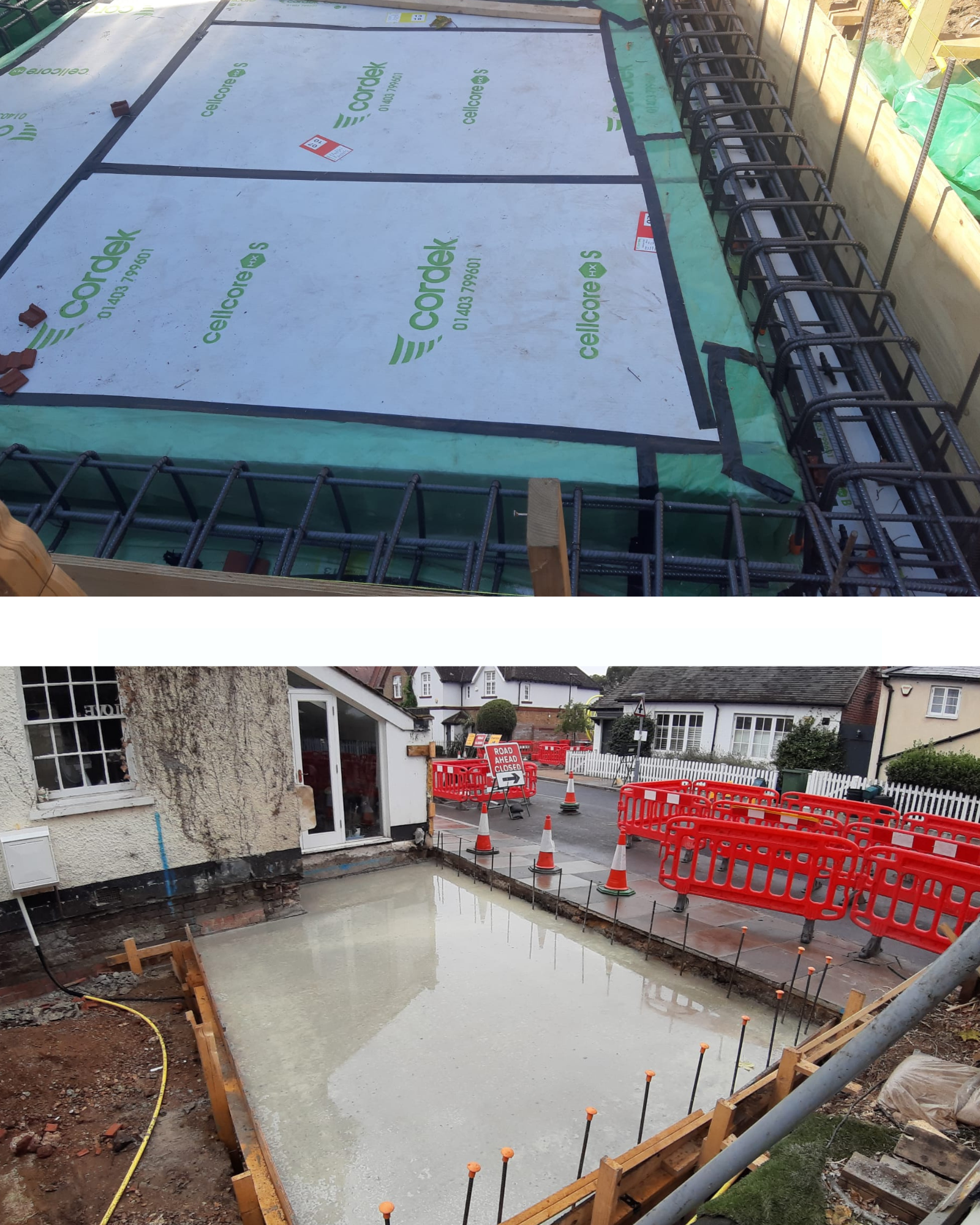 High-performance piled waffle pod concrete slab improving stability and thermal insulation for extensions