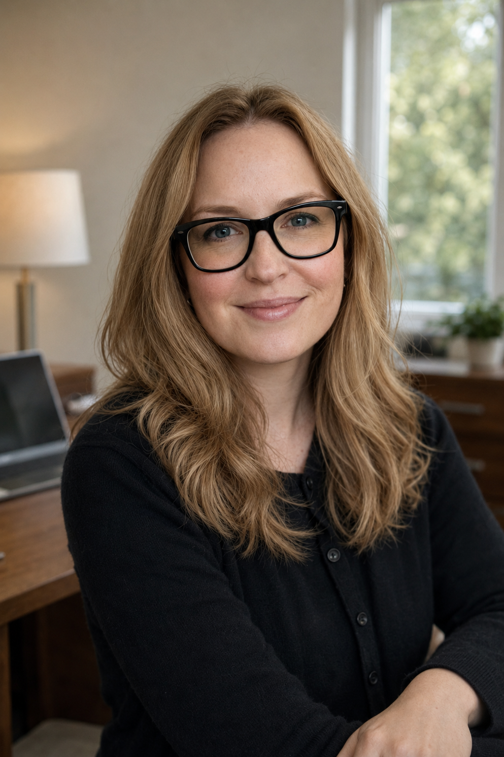 A woman with long, wavy, reddish-blonde hair and black glasses, smiling at the camera in a home office setting with a window, a laptop, a desk lamp, and potted plants in the background.