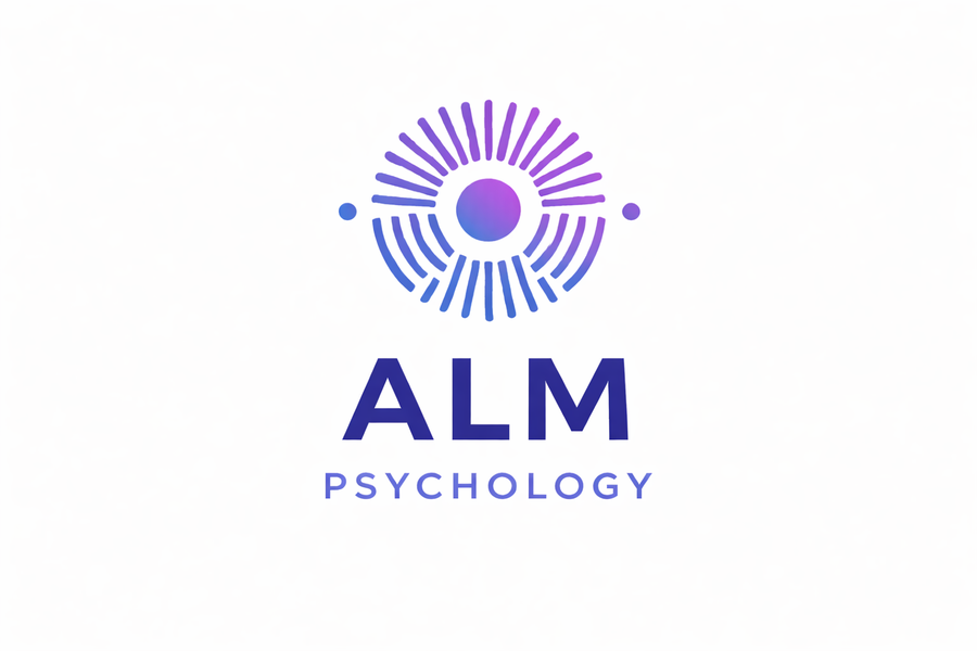 Logo for ALM Psychology with a circular abstract design above the text.