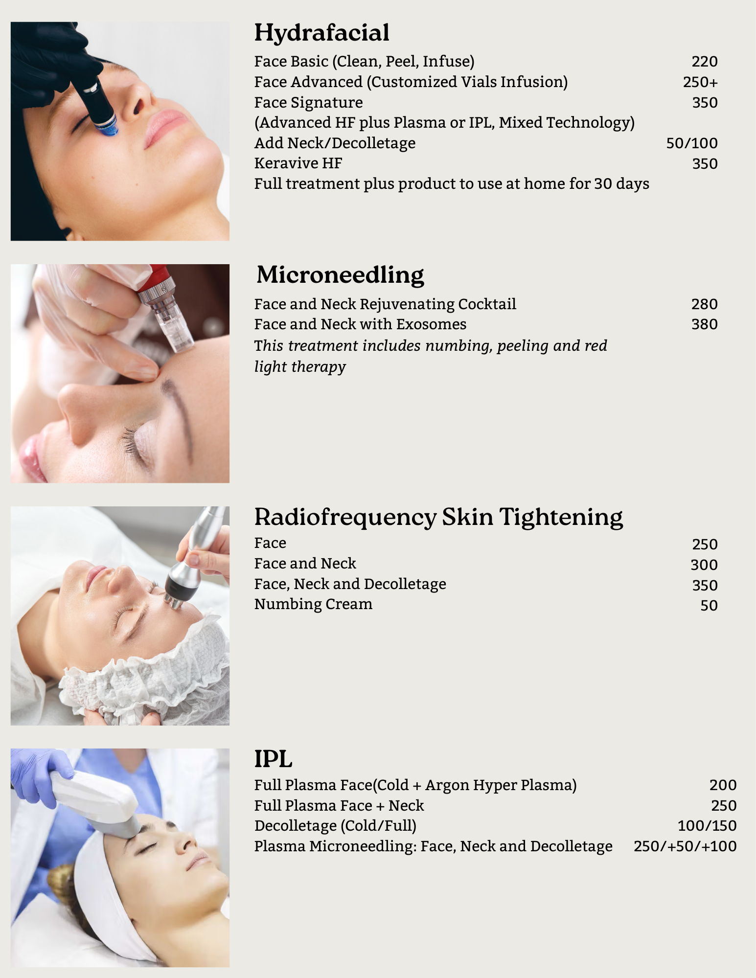 Service Sheet with prices for Hydrafacial, Microneedling, Radiofrequency Skin Tightening and IPL