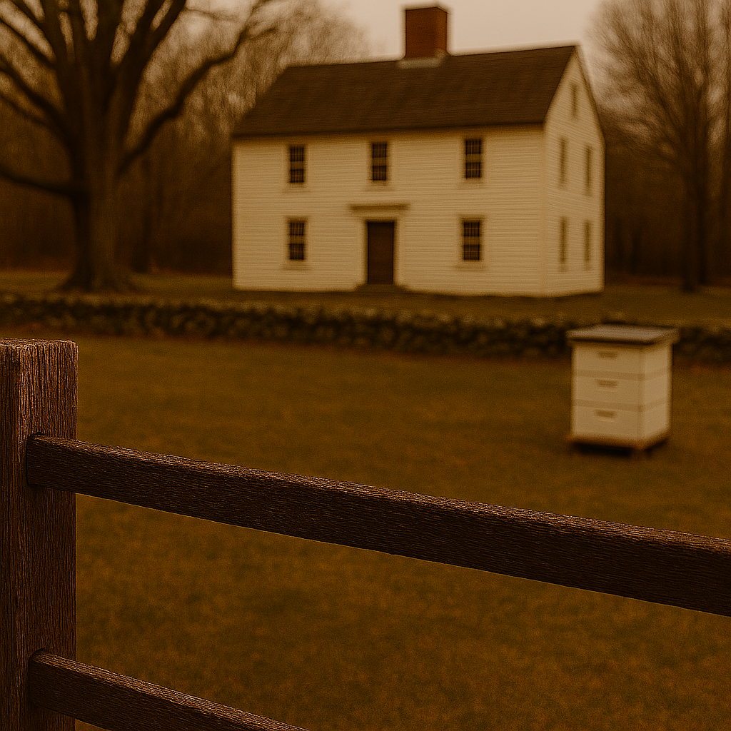 A white two-story house with a brown roof and a chimney, viewed from a yard with a wooden fence in the foreground and surrounded by several large leafless trees.