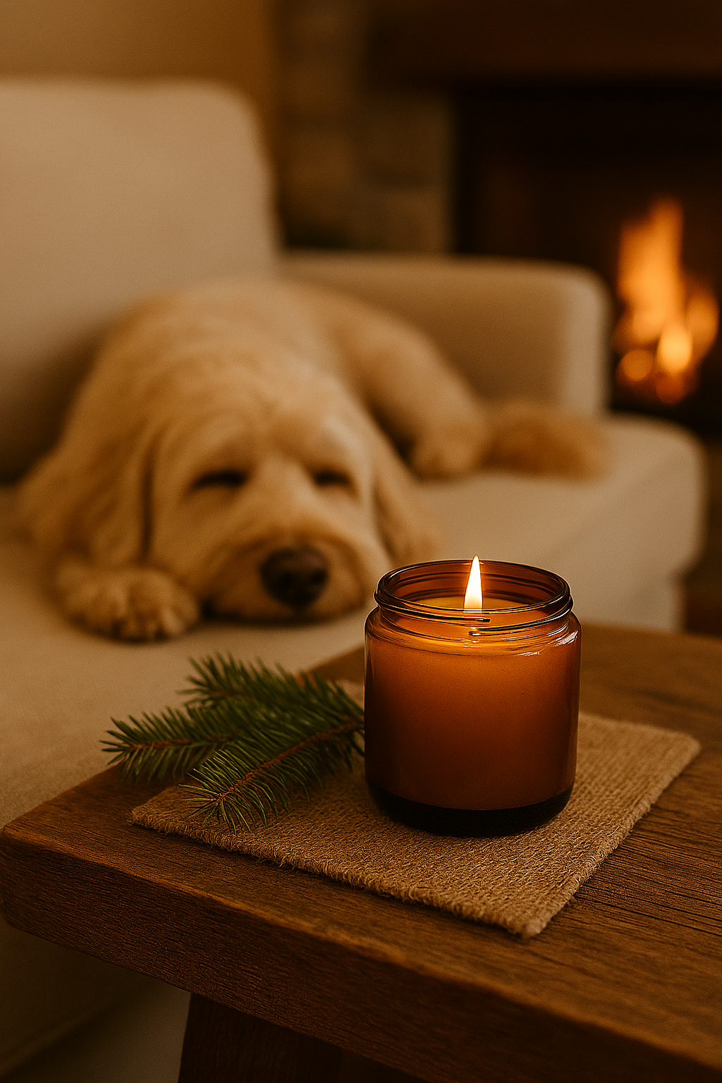 A golden retriever dog resting its head on a couch in a cozy living room with a lit candle on a wooden table, decorated with a pine branch, and a fireplace in the background.