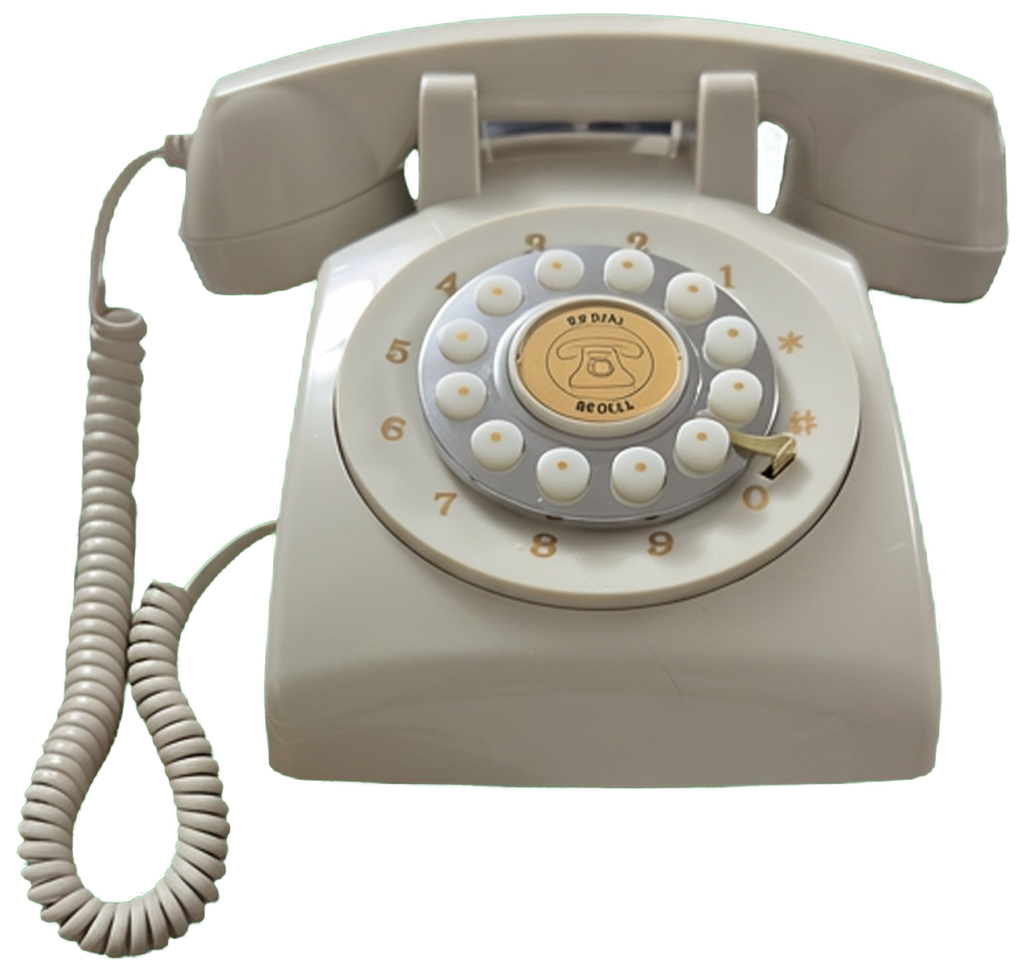 A vintage rotary dial telephone with a beige body and white dial buttons.