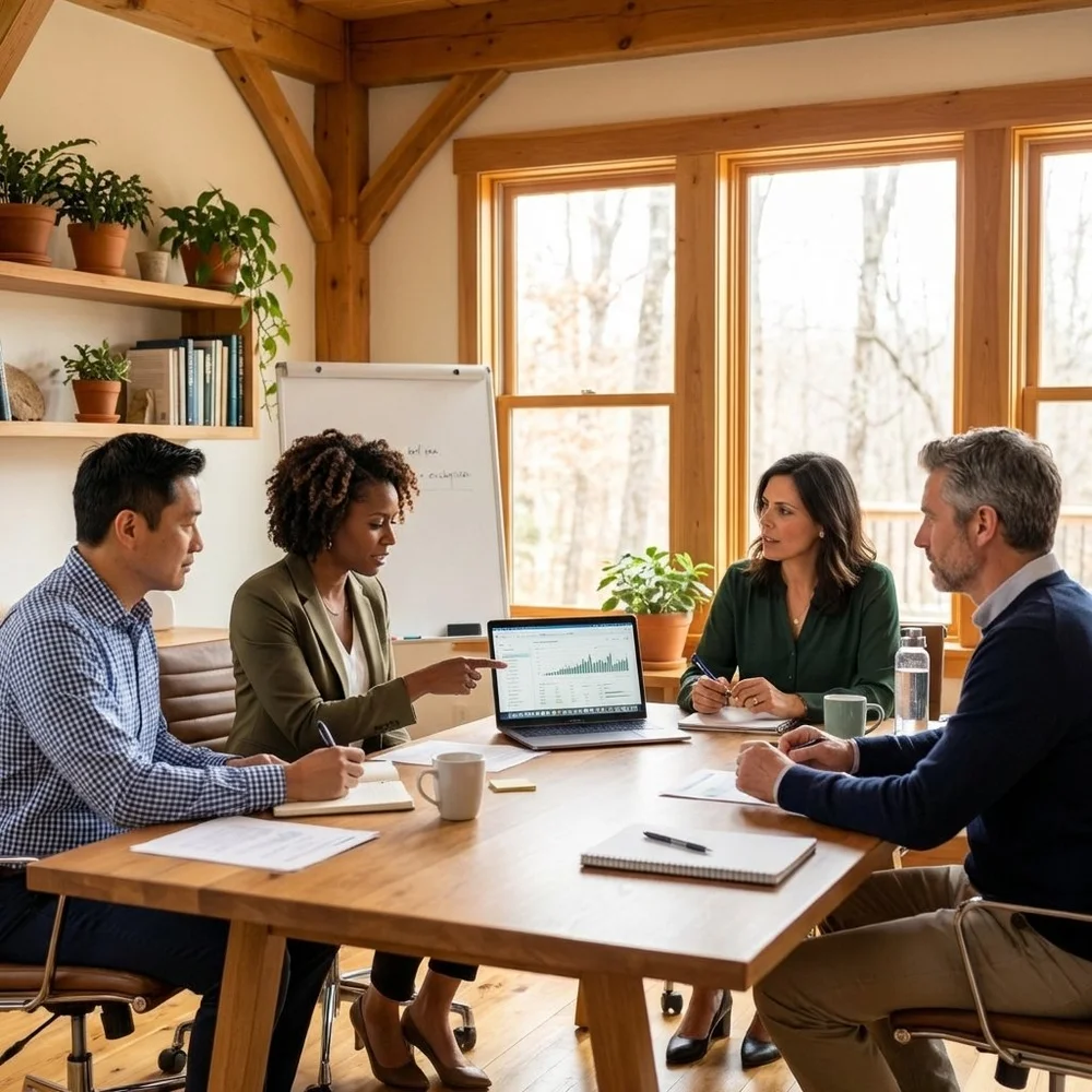 Four colleagues working through priorities around a conference table