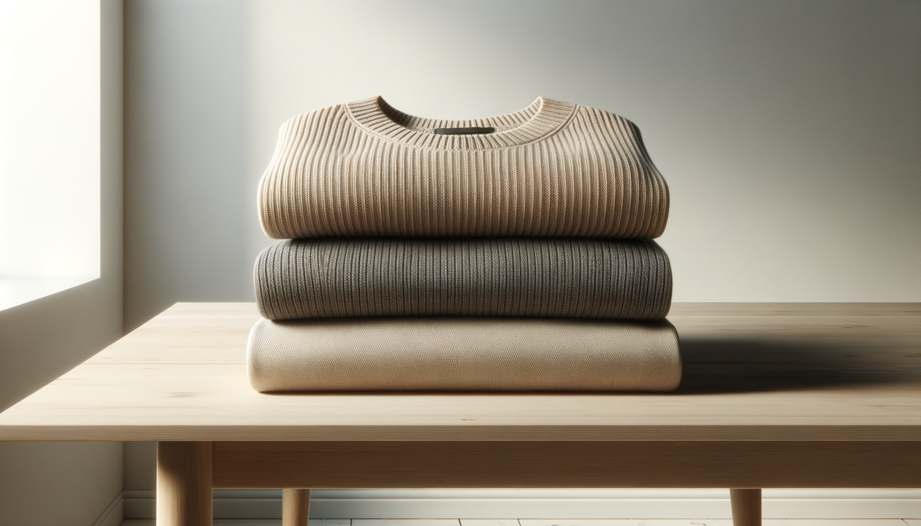 Stacked folded sweaters on a light wooden table with sunlight coming from the left.