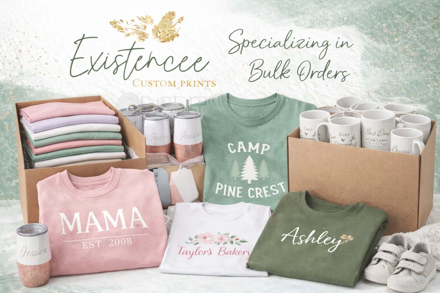 Display of customizable warm apparel and mugs for sale, including folded T-shirts, personalized tumblers, custom-printed mugs, and sneakers, with a promotional background advertising bulk orders and custom print options.