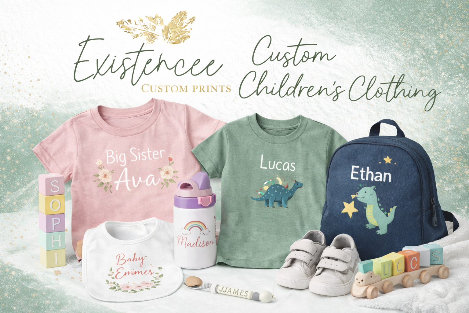 Display of children's clothing and accessories with custom prints, including a pink T-shirt with floral design and 'Big Sister Ava' text, a green T-shirt with a dinosaur and 'Lucas' text, a navy backpack with a dinosaur and star, a white bib with flo
