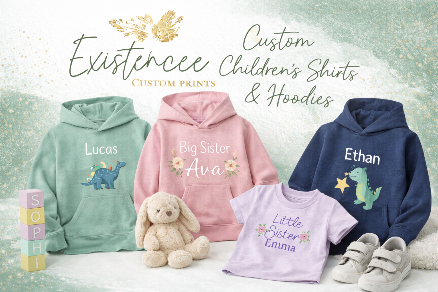 Display of custom children's hoodies and a t-shirt with personalized prints and designs, alongside stuffed bunny and colorful alphabet blocks spelling "SOPHI."