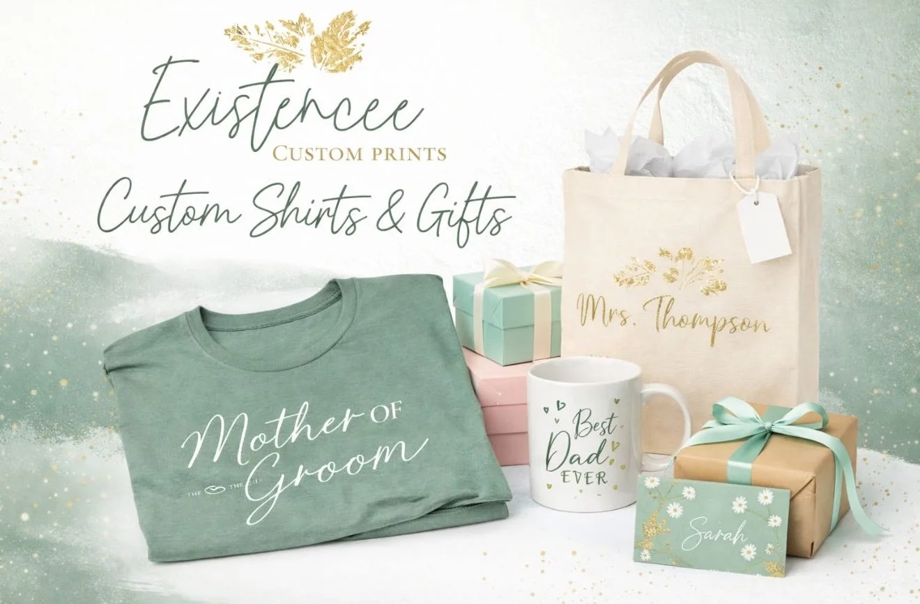 Display of personalized gift items including a green T-shirt with 'Mother of the Groom' text, a white mug with 'Best Dad Ever,' a beige gift bag with 'Mrs. Thompson' written on it, wrapped presents with pastel ribbons, and a name card with 'Sarah' on