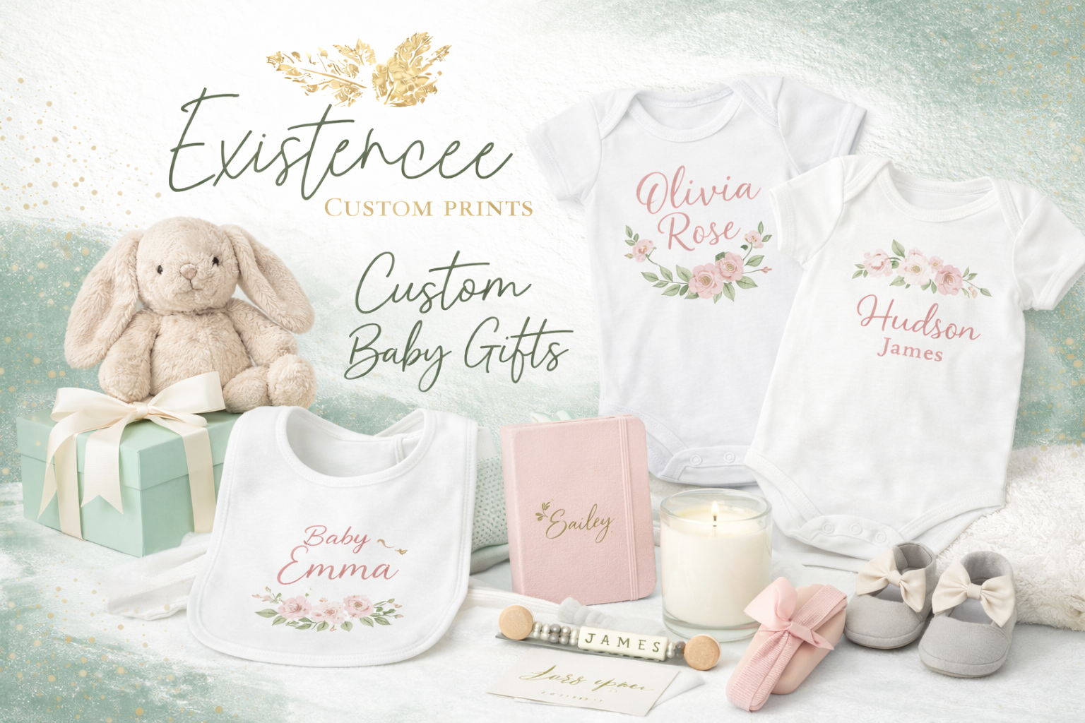 Baby gift set with personalized clothing, a stuffed bunny, a pink journal, candles, and matching baby shoes, displayed on a soft surface for a nursery or gift shop.
