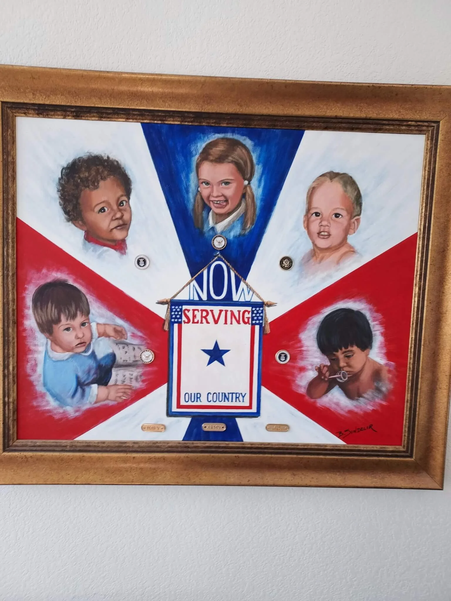 Painting of five children with a patriotic theme, featuring a blue, white, and red background. Centered is a sign that reads 'Now Serving Our Country' with a star. The children are painted with detailed, realistic features.