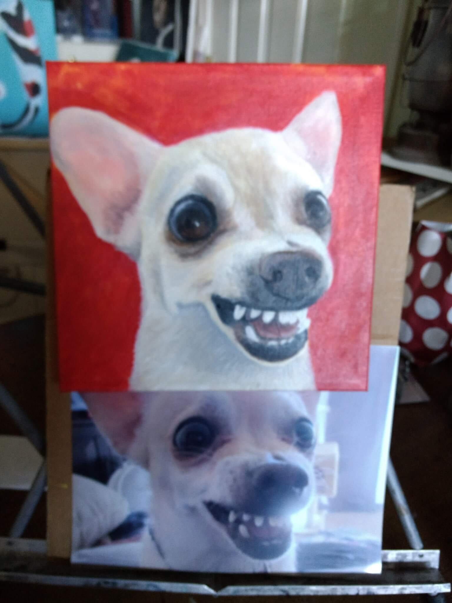 Painting of a happy Chihuahua with wide eyes, a big smile, and pointy ears, on a red background.